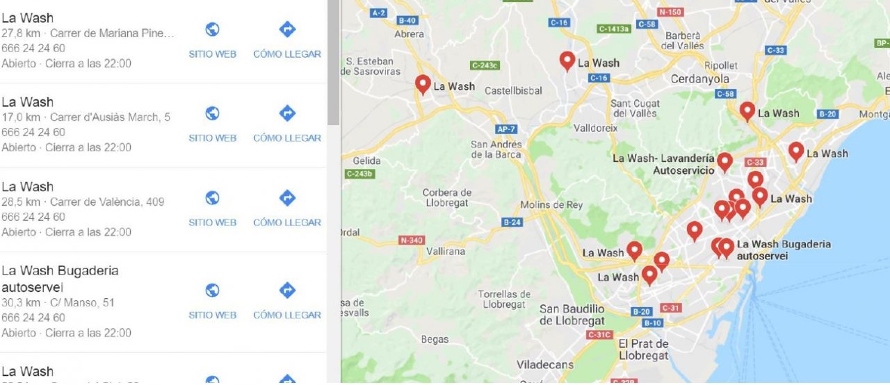 Ubicación de las lavanderías de autoservicio La Wash con Google Maps